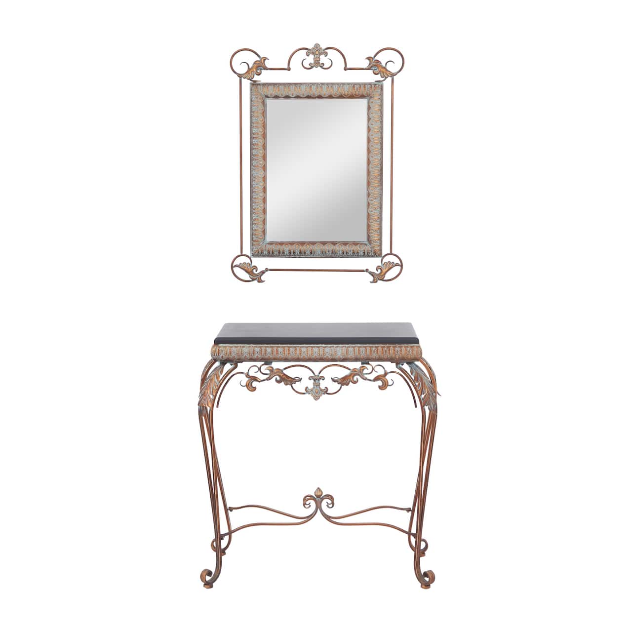 Set of 2" Bronze Metal Traditional Console Table with Mirror, 32" x 23"